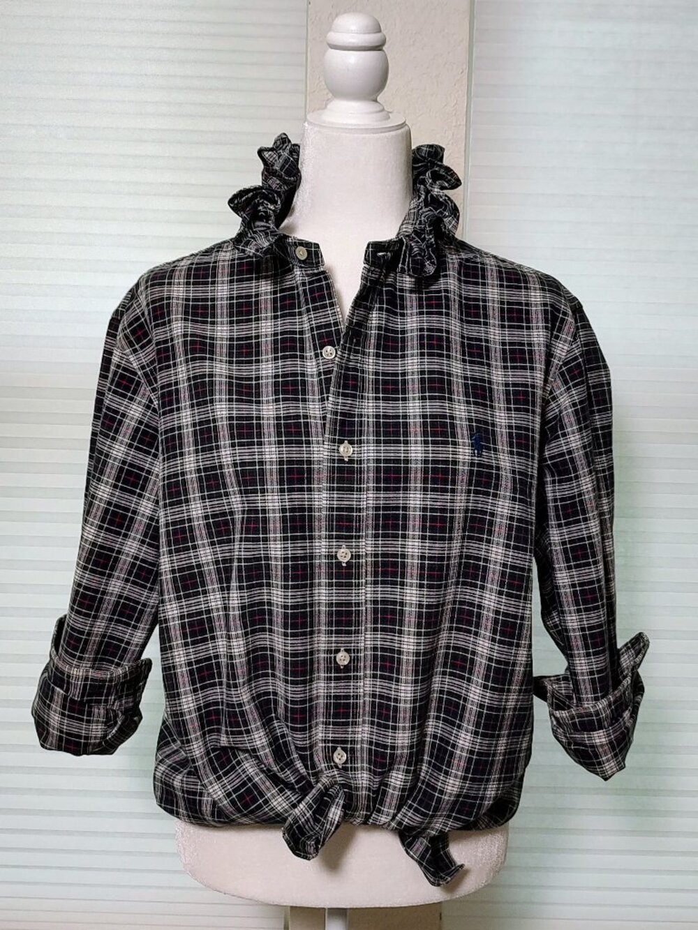 Women's Navy Plaid Ruffle-Collar Shirt